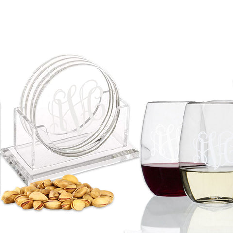 monogram acrylic coasters with wine glasses