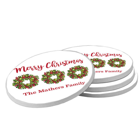 Personalized Wreath Name Christmas Coasters