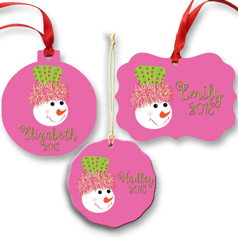 Pink Snowman Christmas Ornament with a Name