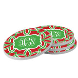 Monogram Green Ribbon Christmas Coasters