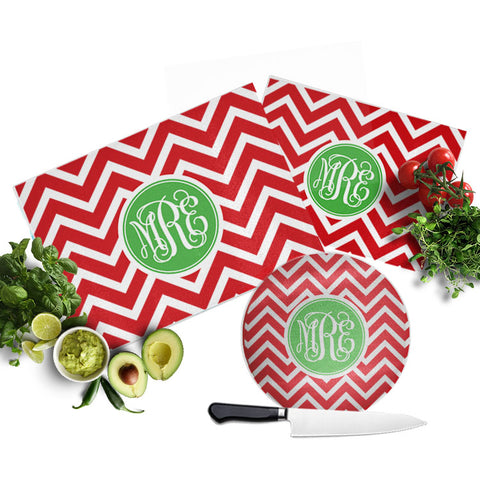 Red Chevron Christmas Monogrammed Cutting Board  