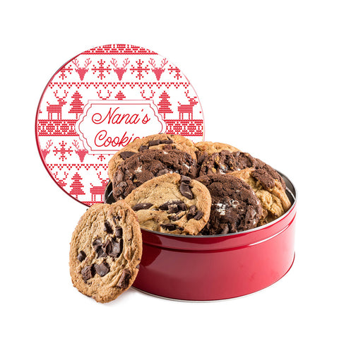 Christmas sweater graphi imprinted onto cookie tin with name personalized in center