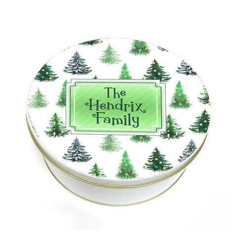 green christmas trees printed cookie tin with name