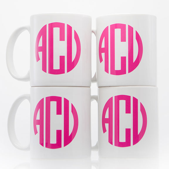 Set of 4 monogram coffee mugs hot pink letters