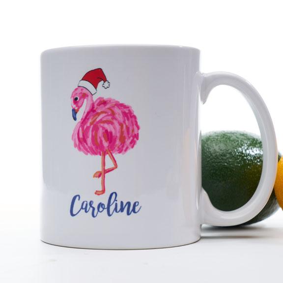 Flamingo wearing santa hat coffee mug personalized with name