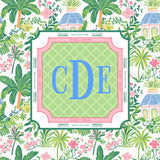 Decorative mahjong mat design witth 'CDE' monogram in a pink frame against a tropical patterned background.