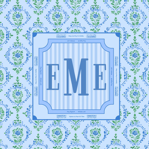 Decorative mahjong neoprene mat with 'EME' text on a blue and green patterned background