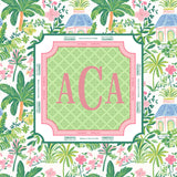 custom mahjong mat 'ACA' initials in a decorative frame surrounded by tropical plants and flowers.