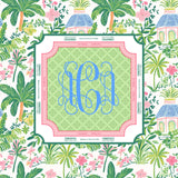 Designer majh mat with a tropical pattern and monogram on a white background
