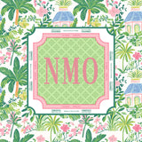 Design with 'NMO' initials in a decorative frame surrounded by tropical plants and flowers.