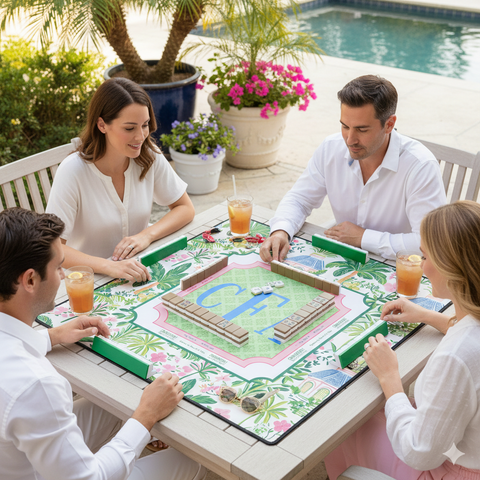 Four people playing mahjong outdoors by a pool