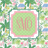 Patterned mahjong mat with pink monogram on a tropical design background