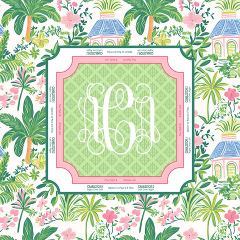 square mahjong mat with a monogram on a tropical patterned background