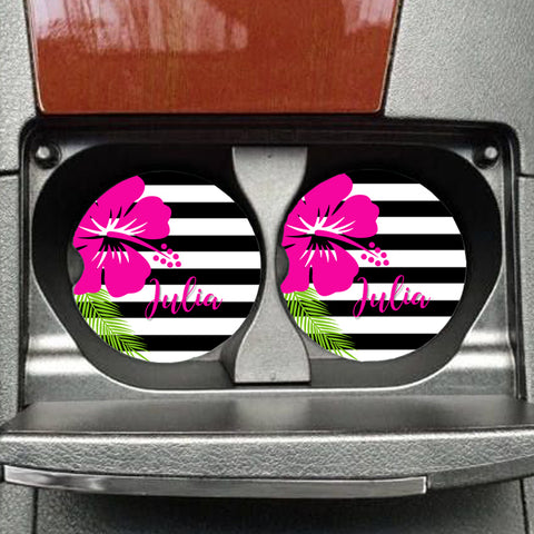 Hibiscus Stripe Personalized Car Coasters