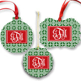 Green and White Greek Key Monogram Christmas Ornament set