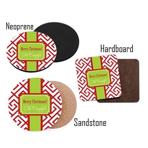 Personalized Red & Lime Green Christmas Coasters  