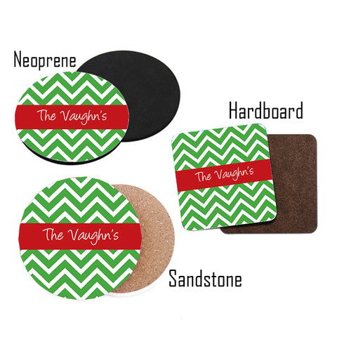 Personalized Green Chevron Christmas Coasters  