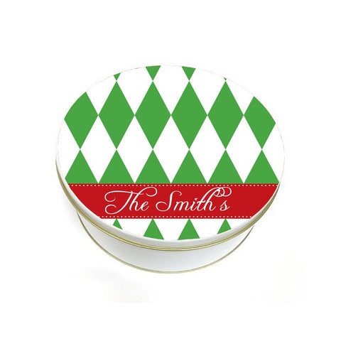 Name Personalized Harlequin Christmas Cookie Tin  