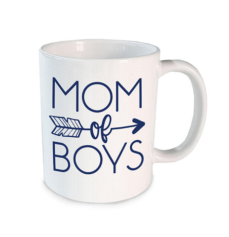 white mug with mom of boys imprinted