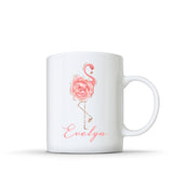 white mug with name and flamingo